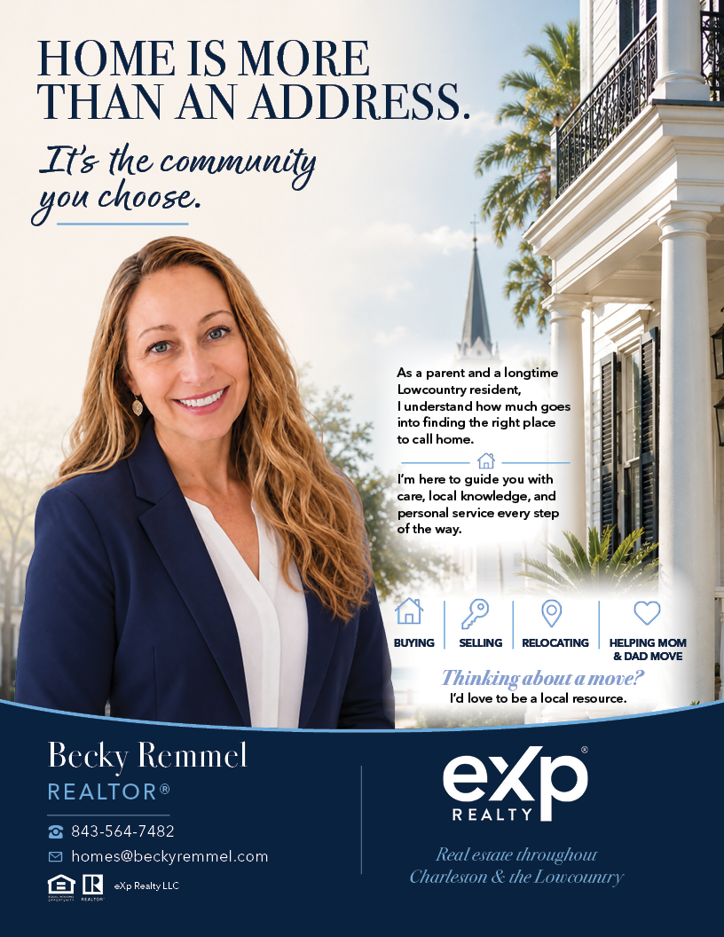 Becky Remmel, REALTOR with eXp Realty, standing in front of a Charleston-style home with a church steeple and palm trees in the background